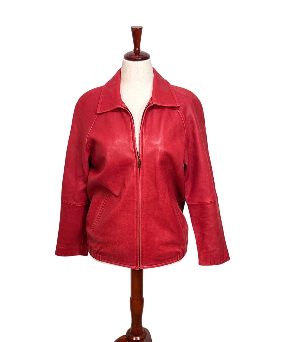Vintage LNR Nordstrom Cherry Red leather jacket Y2K retro lined pockets zip Sz S